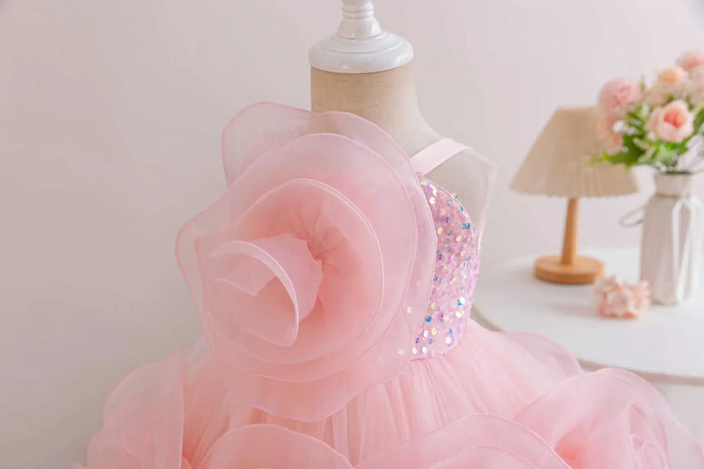 Girls Party Dresses Flower Elegant Child Wedding Gown Sequined Big Bow Kids Birthday Ceremonial Frocks