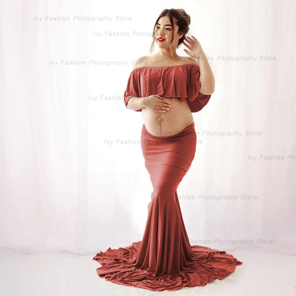Maternity Photography Props Stretch Cotton Two Piece Floor Long Skirt