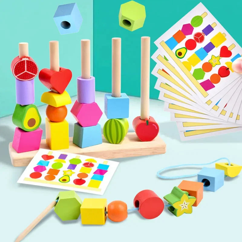 Montessori Wooden Toys Stacks Blocks Puzzle Game Colorful Beaded Fruit Color Shape Matching Early Educational Toys