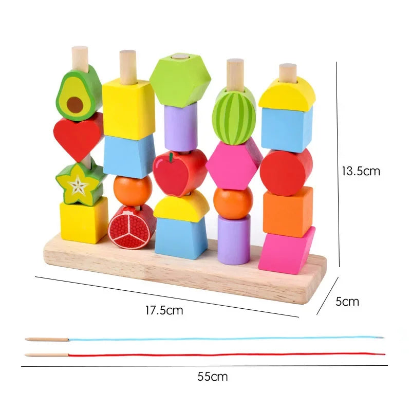 Montessori Wooden Toys Stacks Blocks Puzzle Game Colorful Beaded Fruit Color Shape Matching Early Educational Toys
