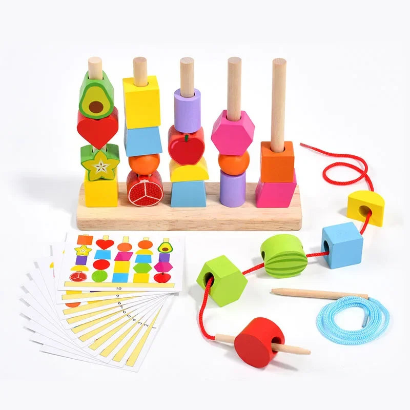 Montessori Wooden Toys Stacks Blocks Puzzle Game Colorful Beaded Fruit Color Shape Matching Early Educational Toys