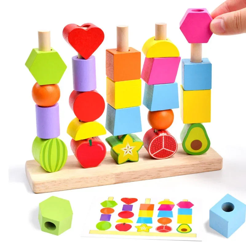 Montessori Wooden Toys Stacks Blocks Puzzle Game Colorful Beaded Fruit Color Shape Matching Early Educational Toys