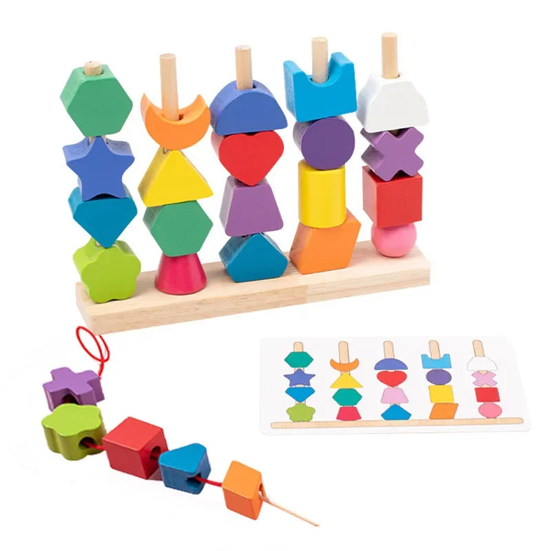 Montessori Wooden Toys Stacks Blocks Puzzle Game Colorful Beaded Fruit Color Shape Matching Early Educational Toys