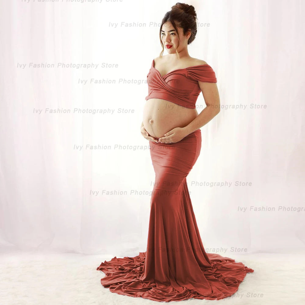 Maternity Photography Props Stretch Cotton Two Piece Floor Long Skirt
