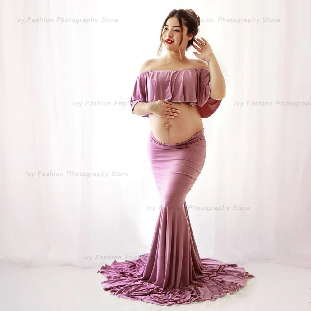 Maternity Photography Props Stretch Cotton Two Piece Floor Long Skirt