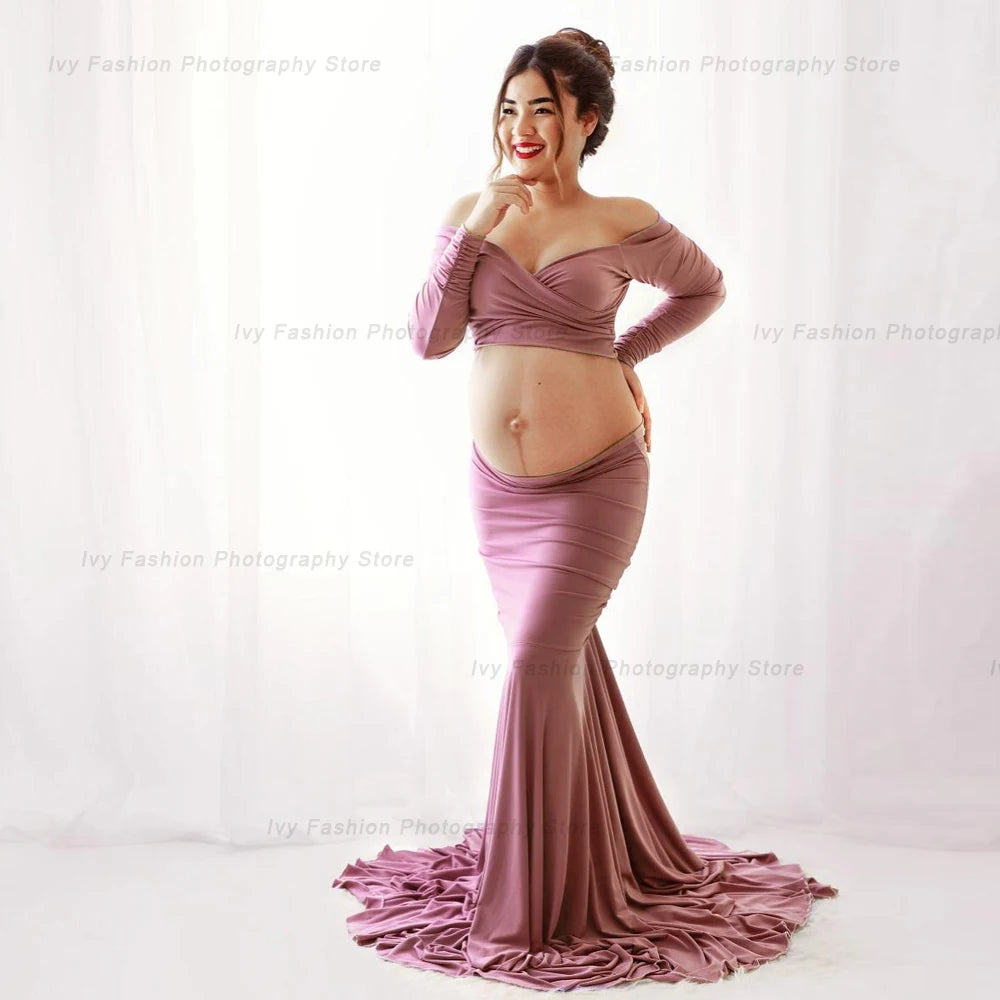 Maternity Photography Props Stretch Cotton Two Piece Floor Long Skirt