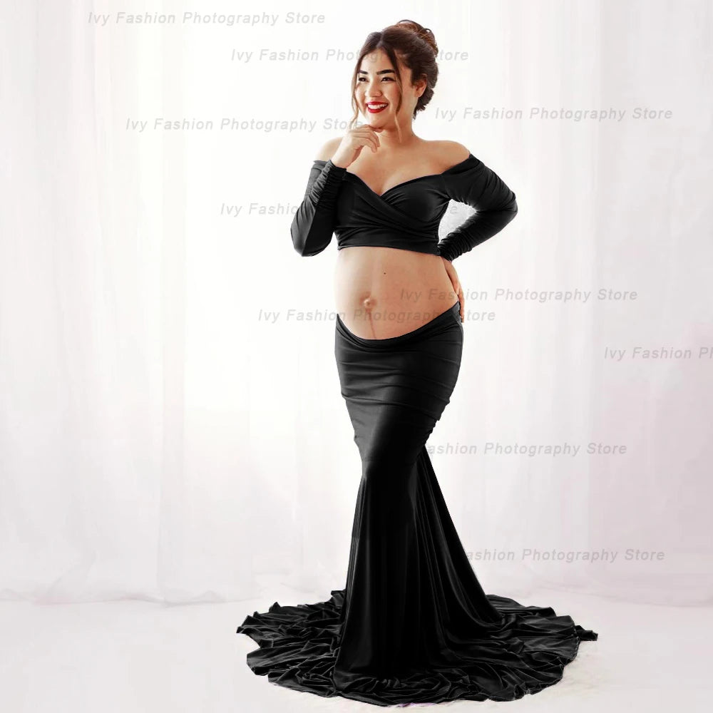 Maternity Photography Props Stretch Cotton Two Piece Floor Long Skirt