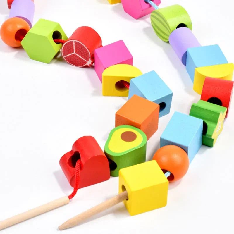Montessori Wooden Toys Stacks Blocks Puzzle Game Colorful Beaded Fruit Color Shape Matching Early Educational Toys