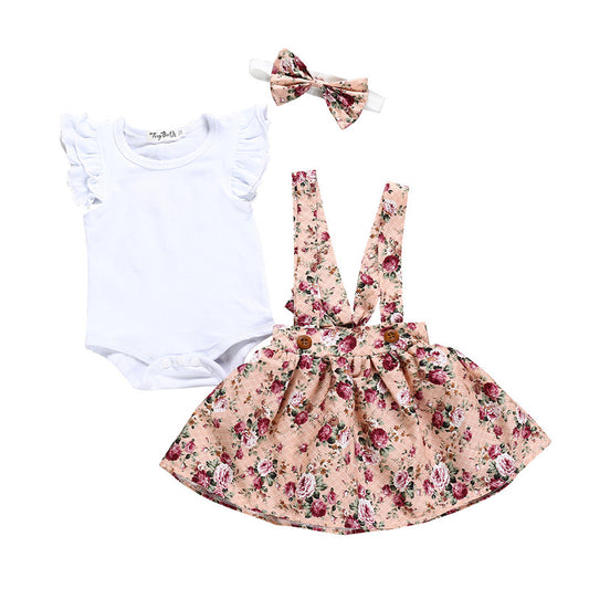 Girls' Cotton White Flying Sleeve Short-sleeved Romper Flower Suspenders Skirt Head Knot