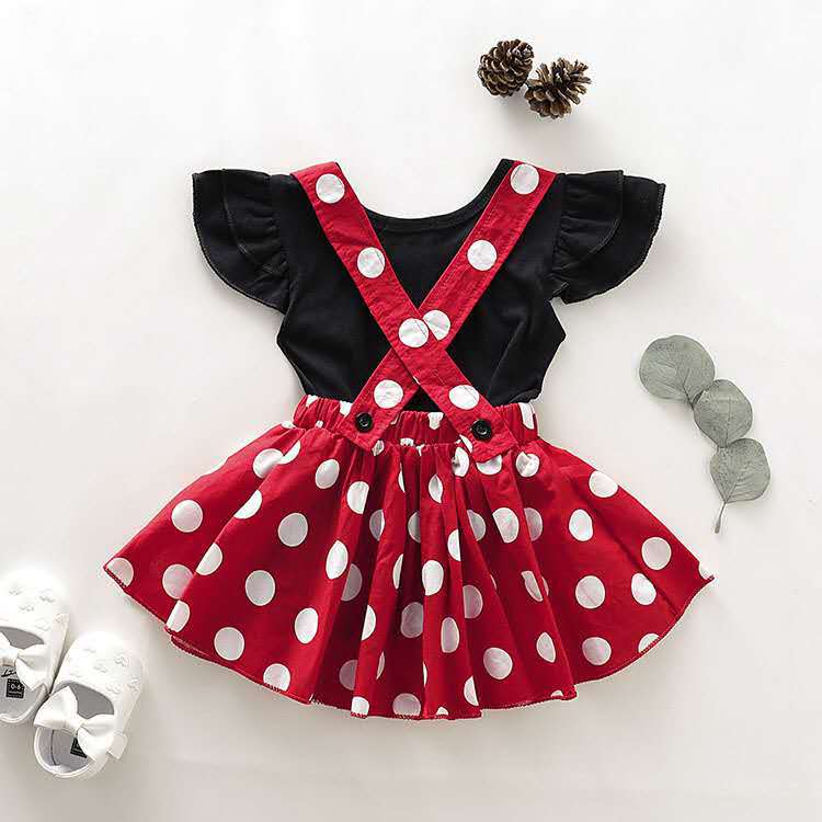 Girls' Summer Solid Color Fly Sleeve Top  Dot Suspender Skirt