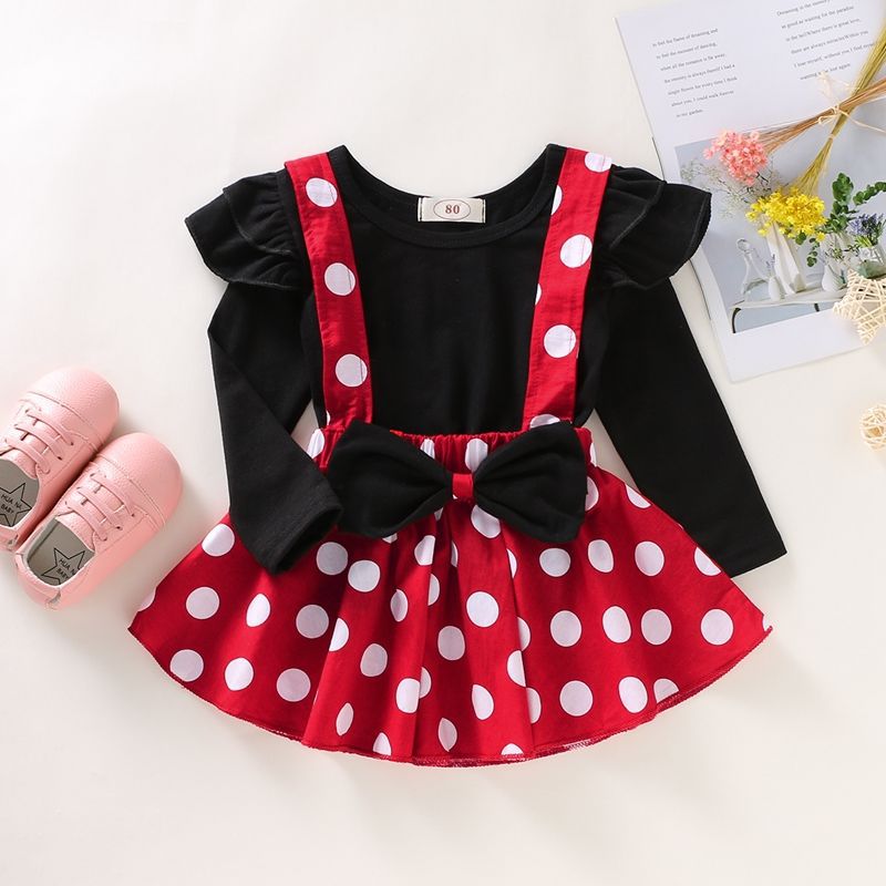 Girls' Summer Solid Color Fly Sleeve Top  Dot Suspender Skirt