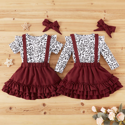 Leopard Print Full Burgundy Strap Skirt Belt Hair Accessory