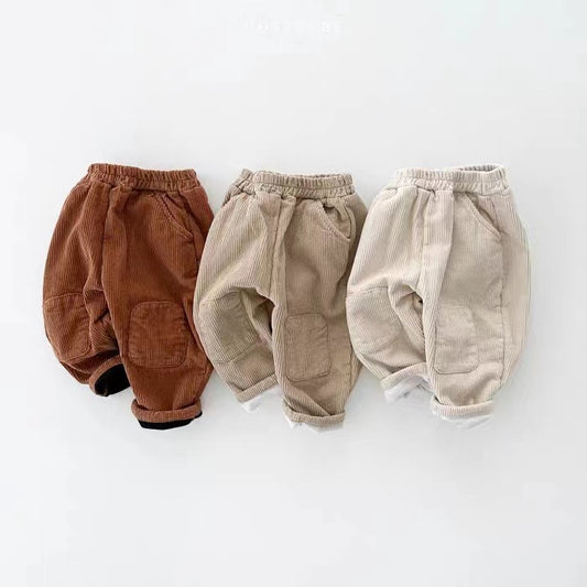 Korean Ins Corduroy Fleece-lined Patch Trousers