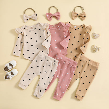 Spring And Autumn New Suit Heart Printing Waffle Long-sleeve Jumpsuit Trousers Hair Band Three-piece Set