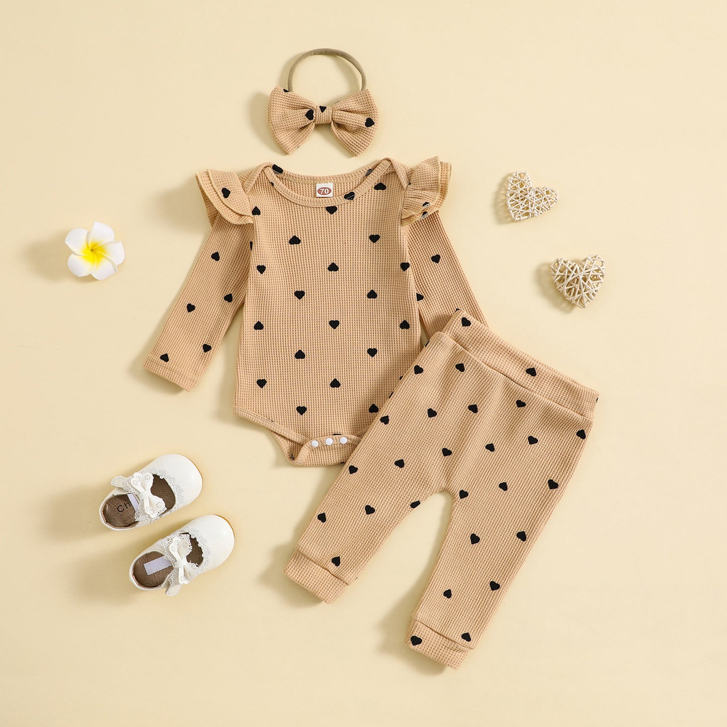 Spring And Autumn New Suit Heart Printing Waffle Long-sleeve Jumpsuit Trousers Hair Band Three-piece Set