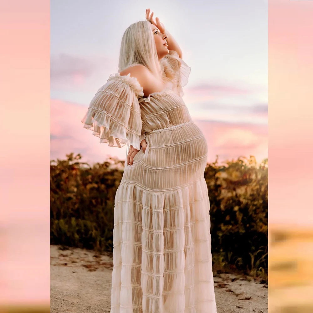 Maternity Photography Boho Pregnant Dress Sexy Lace Lotus Leaf Sleeve Dress