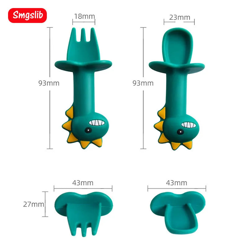 Baby Learn Spoon Fork Set Short Easy Spoon Cartoon Dinosaur Silicone Teether Toys