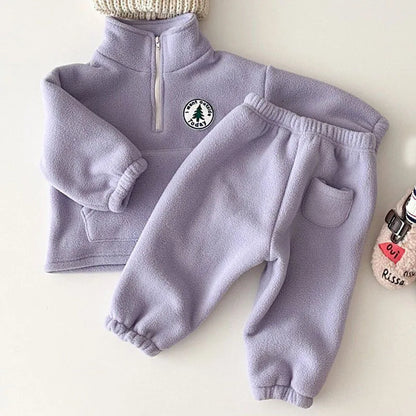 Children Thicken Sweatshirt Girls Solid Cotton Long Sleeve Pullover Tops+ Pant Suits