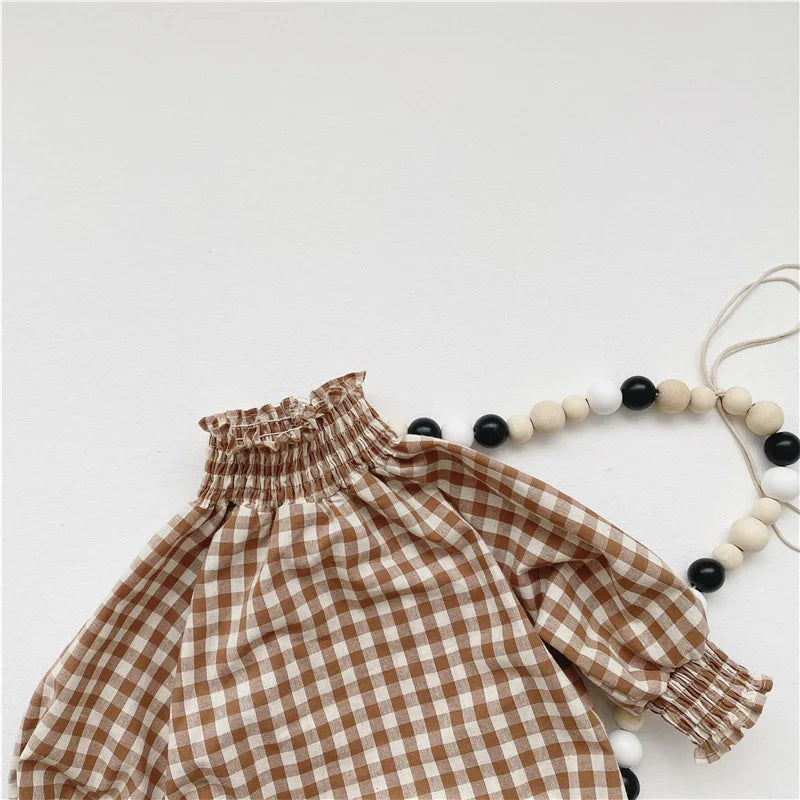 Baby Girls Long Sleeve Jumpsuit Cotton Infant Girls Plaid Bodysuit Kids Clothes