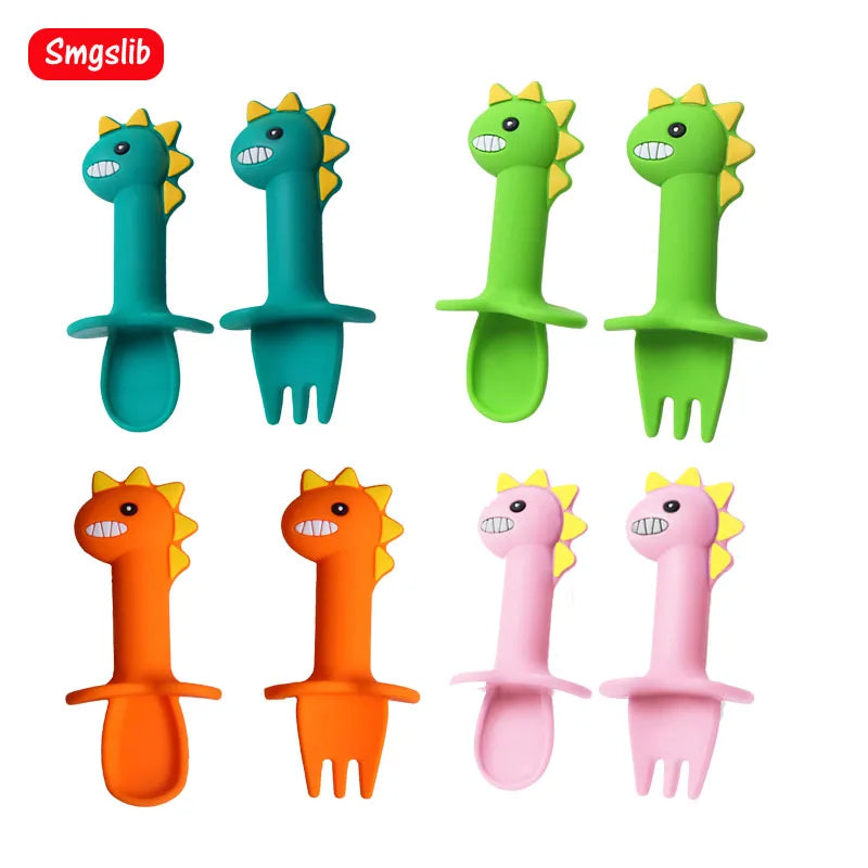 Baby Learn Spoon Fork Set Short Easy Spoon Cartoon Dinosaur Silicone Teether Toys