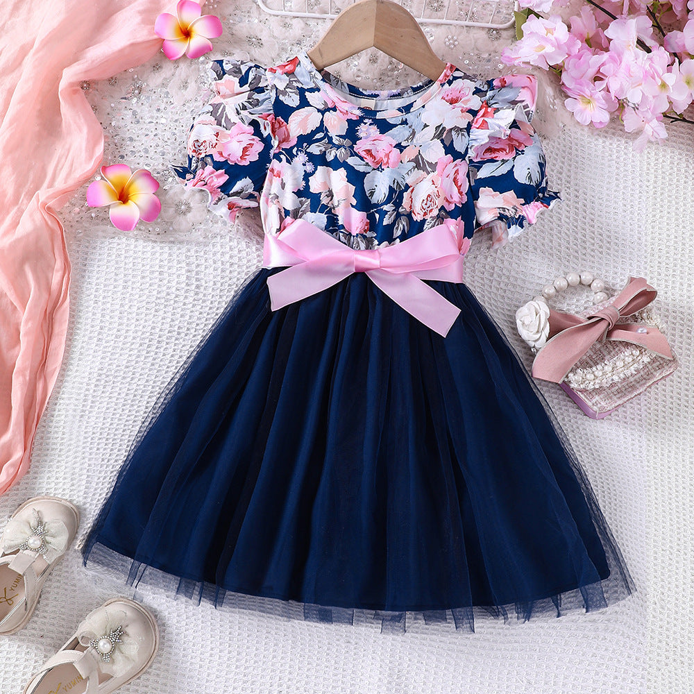 Girls Puff Sleeve Flower Printed Mesh Dress