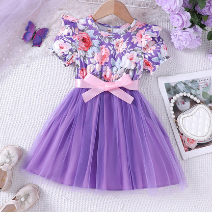 Girls Puff Sleeve Flower Printed Mesh Dress