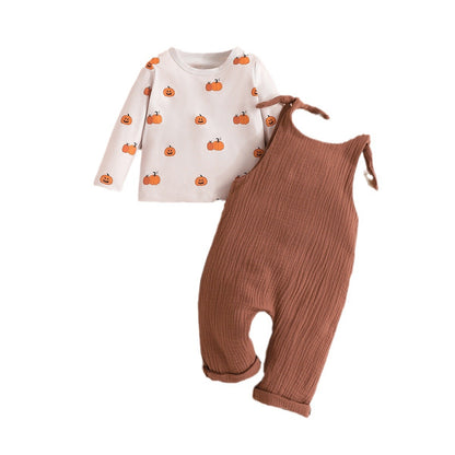 Baby Boy's Long-sleeved Pumpkin Printed T-shirt Suspender Pants Two-piece Set