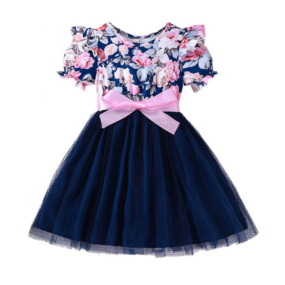 Girls Puff Sleeve Flower Printed Mesh Dress