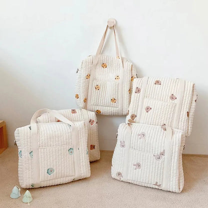 Cute Mommy Bag Bear Flower Embroidery Pattern Baby Beige Cotton Fabric Handbag