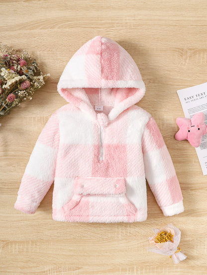 Little Girl Warm Long Sleeved Hoodie Top Cute Pink Plaid Jacket