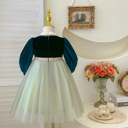 Girls' Velvet Dress Anna Frozen Queen Green Dress