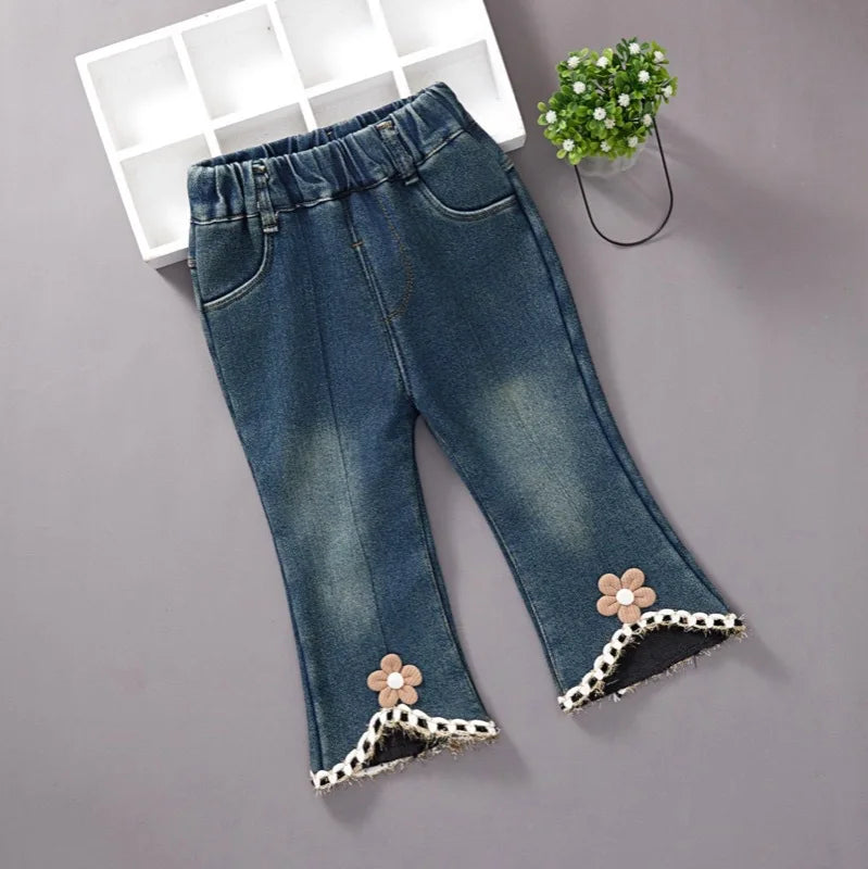 Girls Denim Pants Elastic Waist Bowknot Thickened Warm Baby Girl Trousers