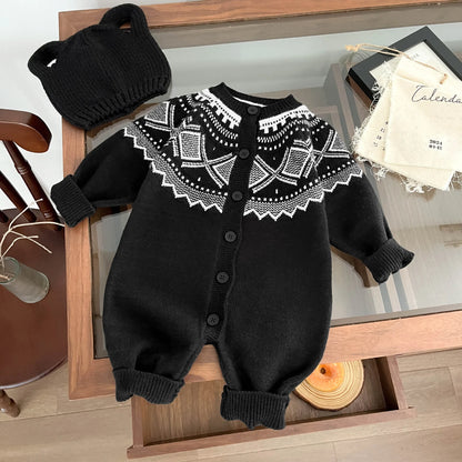 Baby Long Sleeve Romper Newborn Toddler Rhombus Knitted Jumpsuit