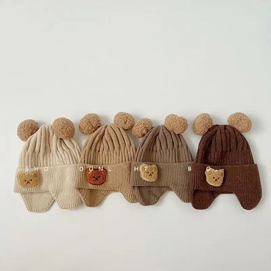 Cute Pom Bear Baby Hat Baby Beanie Woolen Hat Girls Boys Ear Protection Hat