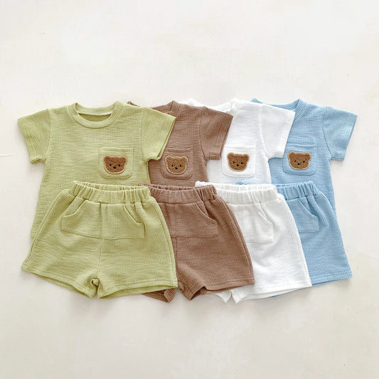 Girl/boys Cute Bear Embroidery Pocket Short Sleeves Tops+Shorts