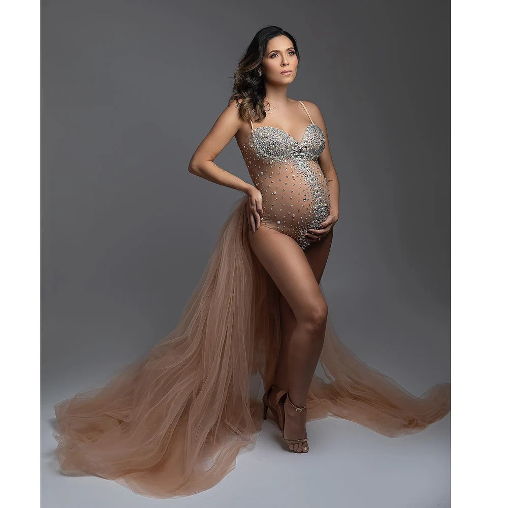 Maternity Photography Sexy Goddess V Neck Rhinestones Pearls Luxurious Stretch Jumpsuits Dress