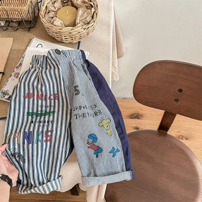 Girl Boy Cartoon Print Haren Pants Loose Kid Striped Casual Pants Retro Baby Trousers