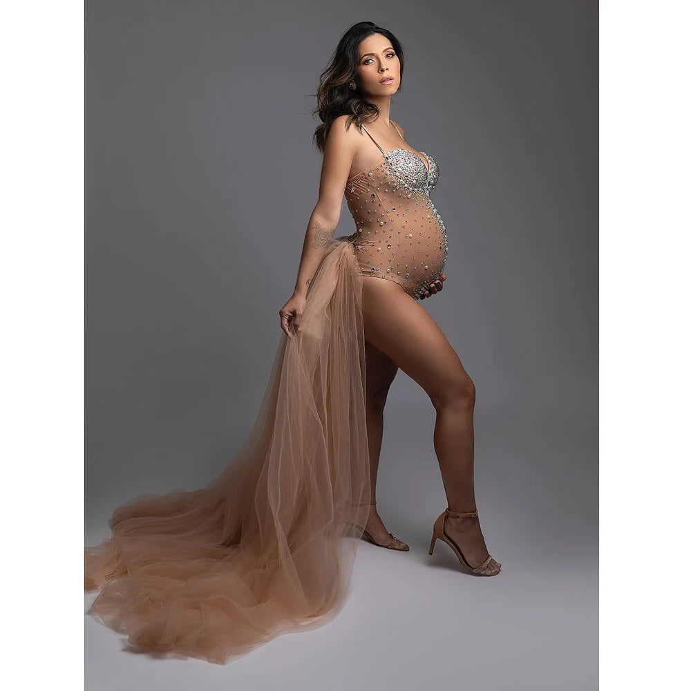 Maternity Photography Sexy Goddess V Neck Rhinestones Pearls Luxurious Stretch Jumpsuits Dress