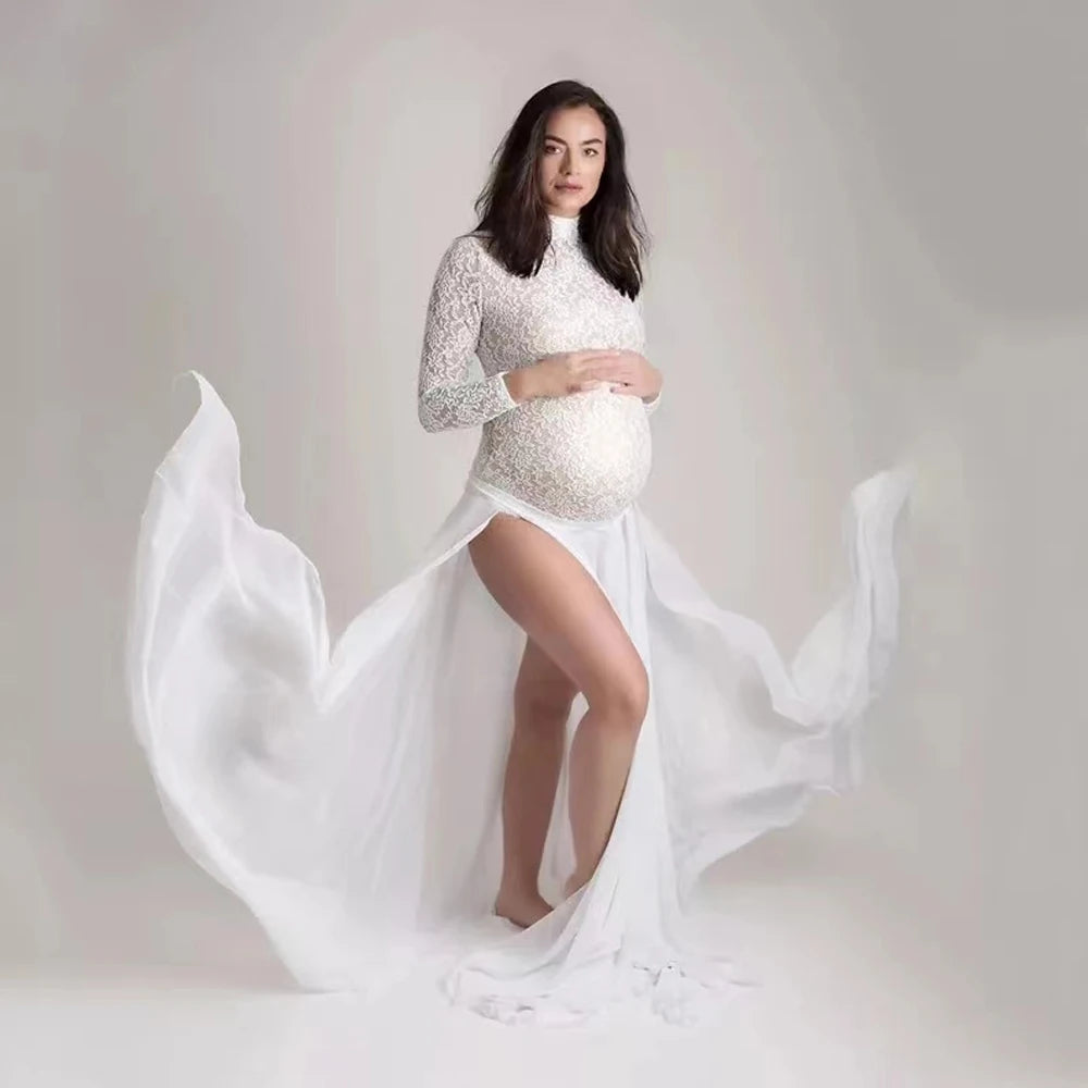 Maternity Photography Props Dress Stretchy Lace Bodysuit Removable Chiffon Sides Slit Skirt