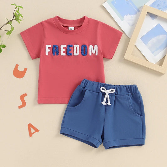 Summer Baby Boys Clothes Set Embroidery Letters T-shirt with Elastic Waist