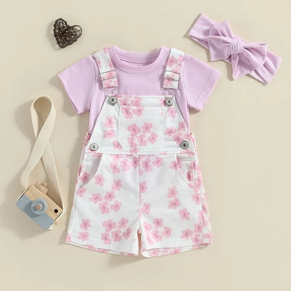 Baby Girls T-shirt with Flower Print Suspender Shorts and Headband