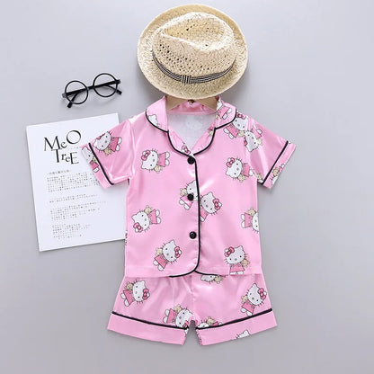 Summer Baby Boys Girls Cartoon Hello Kitty Lapel Comfortable Home Sleepwear