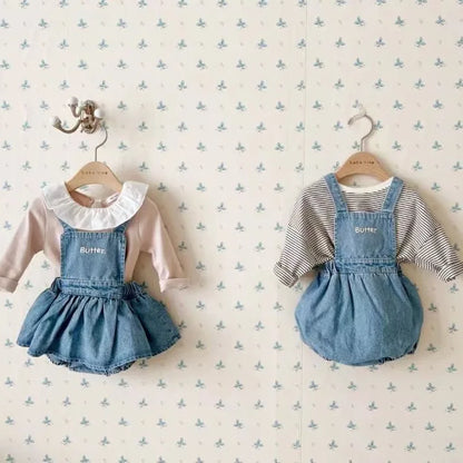 Newborn Sleeveless Embroidery Letter Denim Bodysuit Boy Girl Clothes