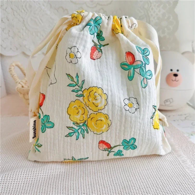 Printed Flower Mommy Bag Baby Diaper Bag Cotton Nappy String Pocket Storage Bag