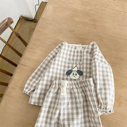 Baby Cotton Linen Clothes Set Plaid Cartoon Casual Tops + Pants 2pcs