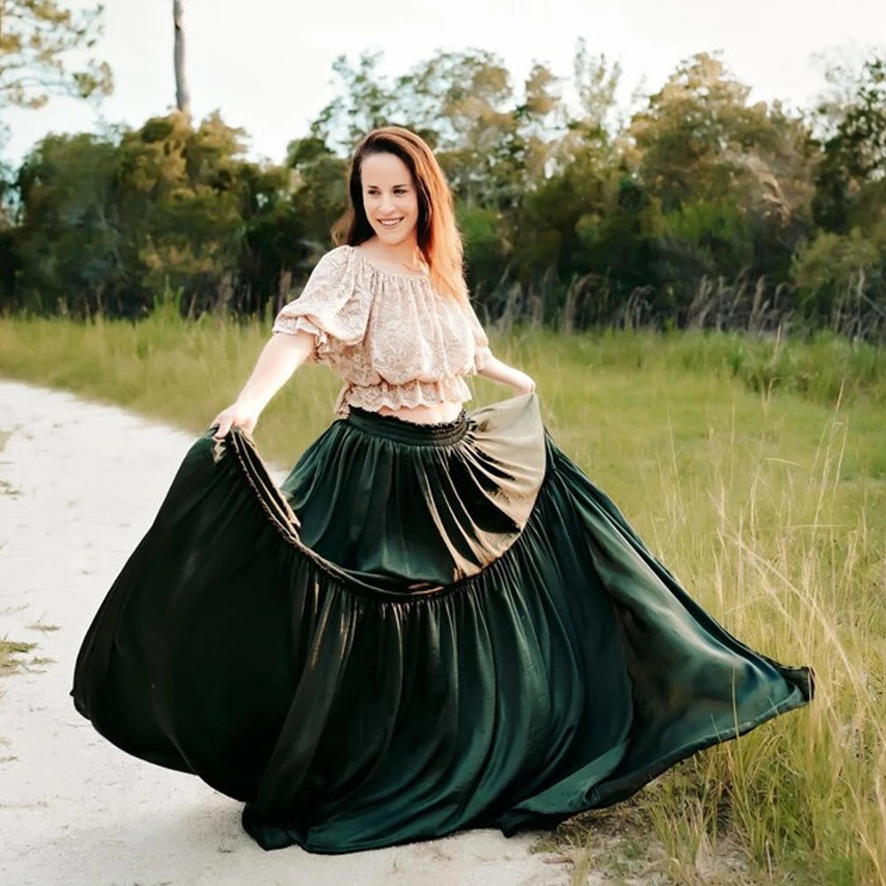 Photo Shooting Pregnancy Dress Color Blocking Apricot Lace Top& Green Skirt