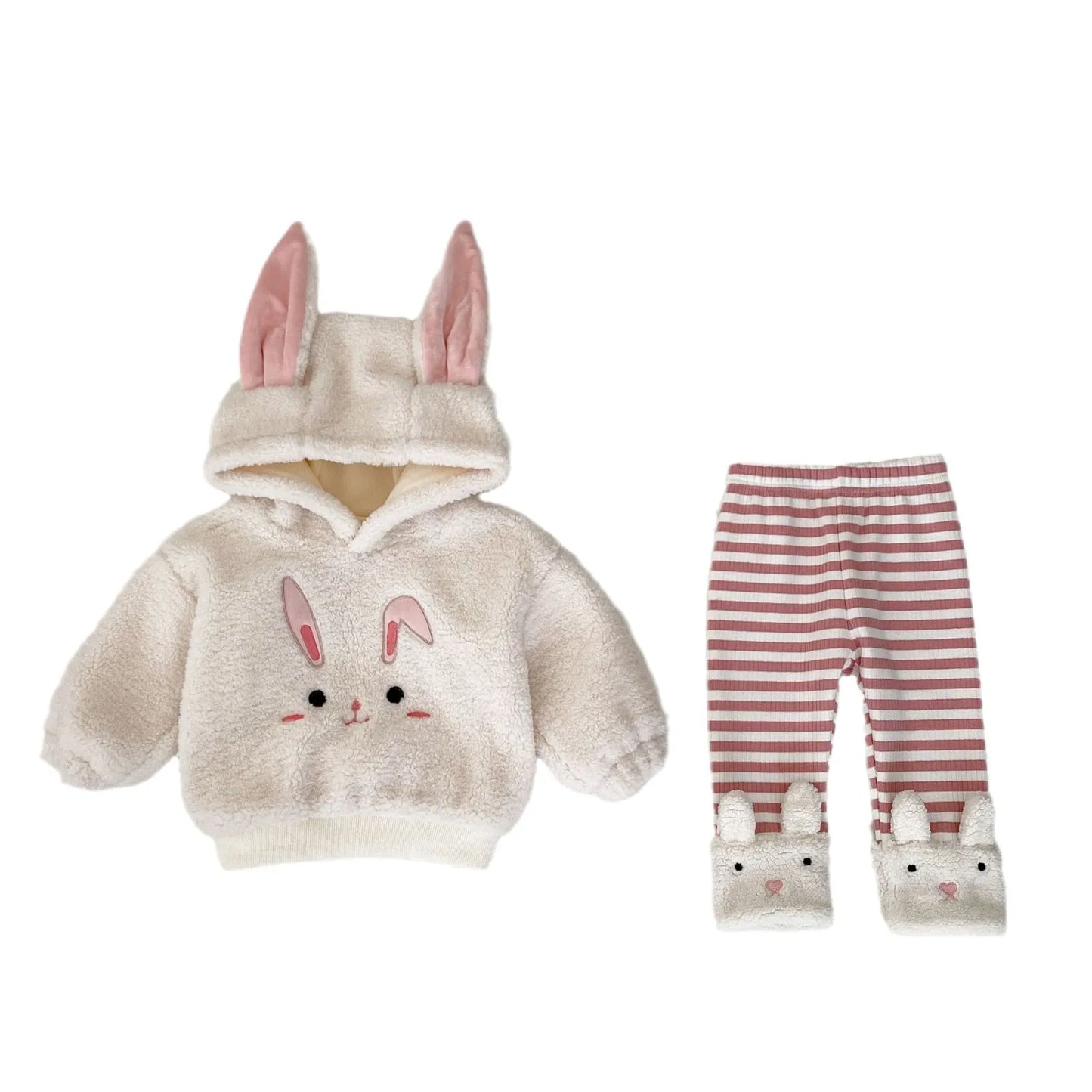 New Baby Girls Thick Warm Set Infant Cute Cartoon Hooded Tops + Striped Pants