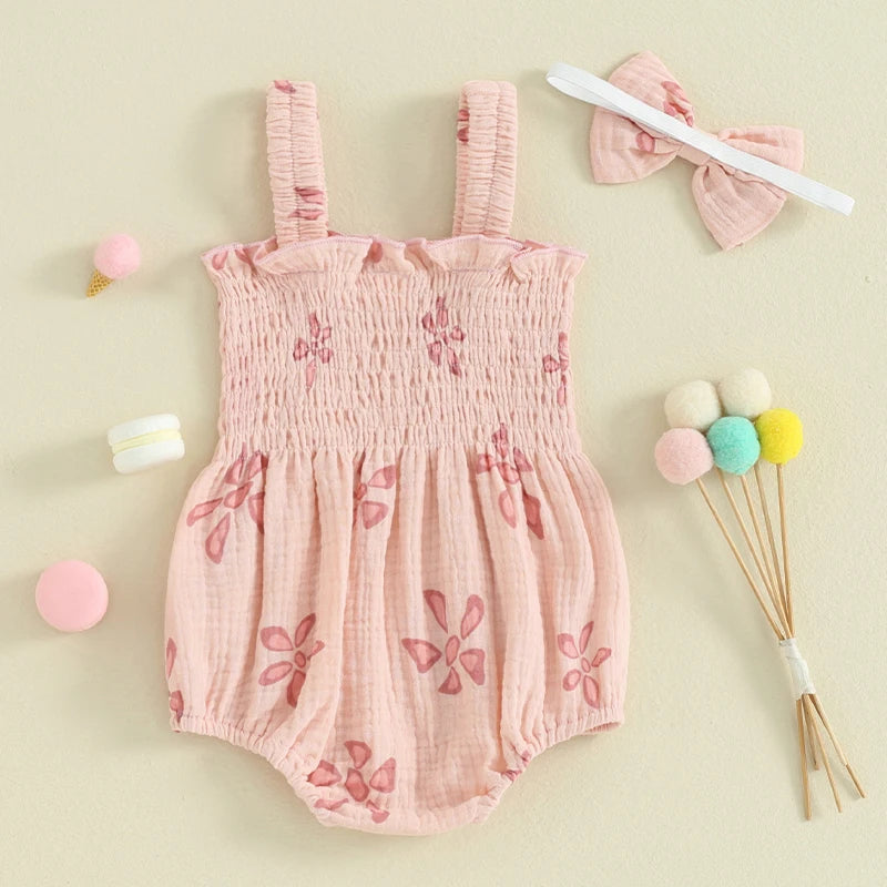 Infant Baby Girls Romper Floral Printed Baby Jumpsuit with Headband Clothing