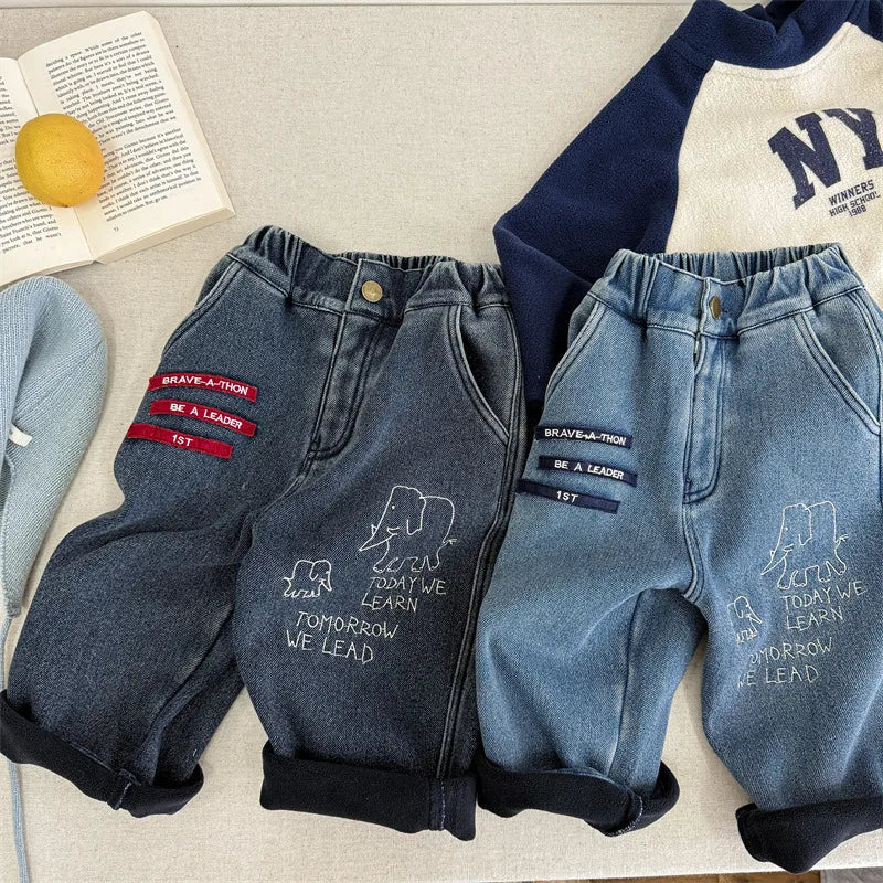 Boys Casual Pants Plus Velvet Thick Letter Embroidery Jeans