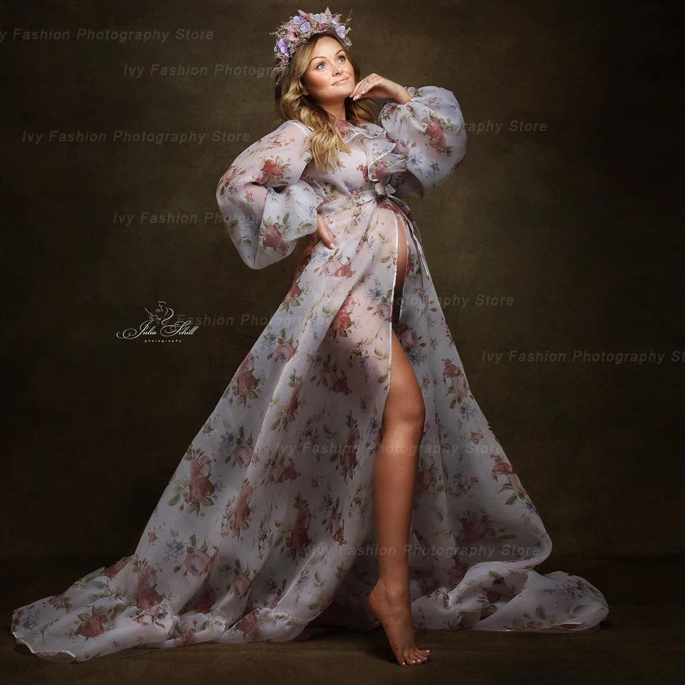 Photo Shoot Printed Floral Chiffon Flounce Dress Sweetheart Evening Dresses